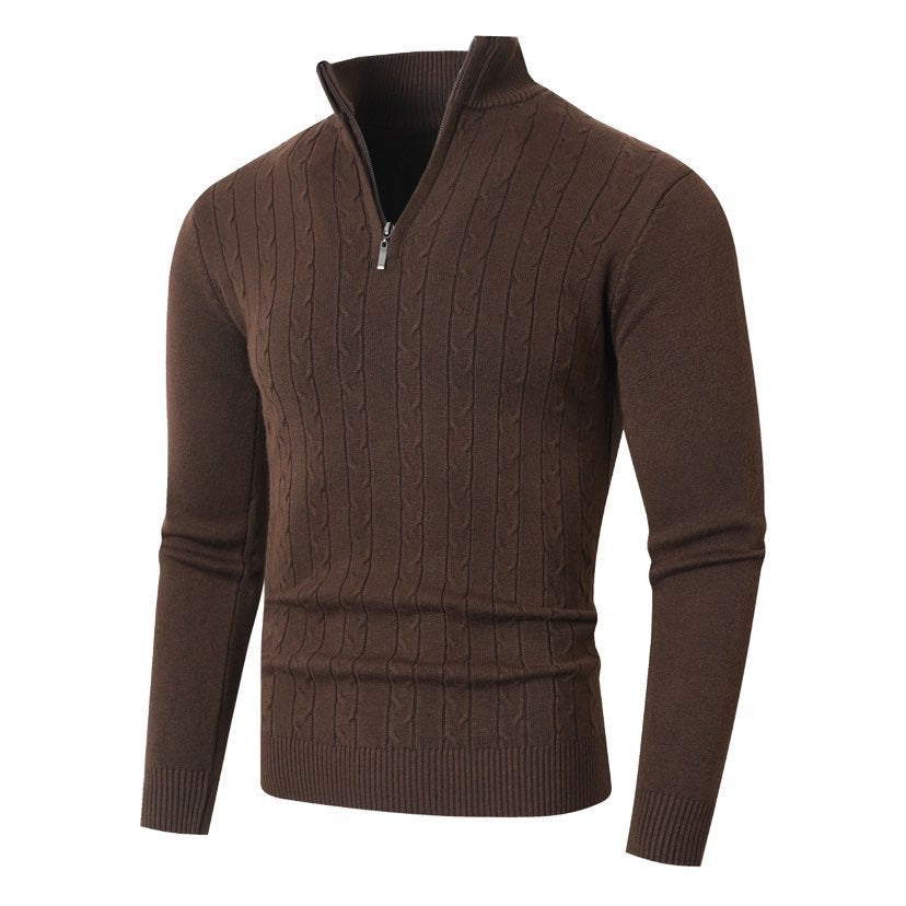 Detlef Men's Cable Knit Half-Zip with Stand Collar - Coffee Brown