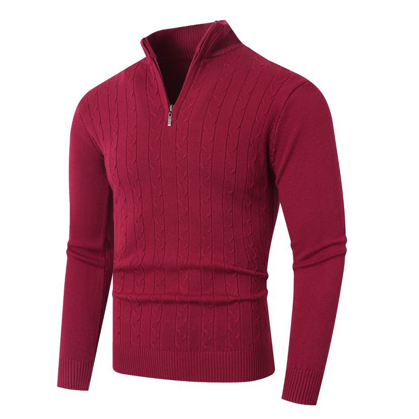 Detlef Men's Cable Knit Half-Zip with Stand Collar - Wine Red