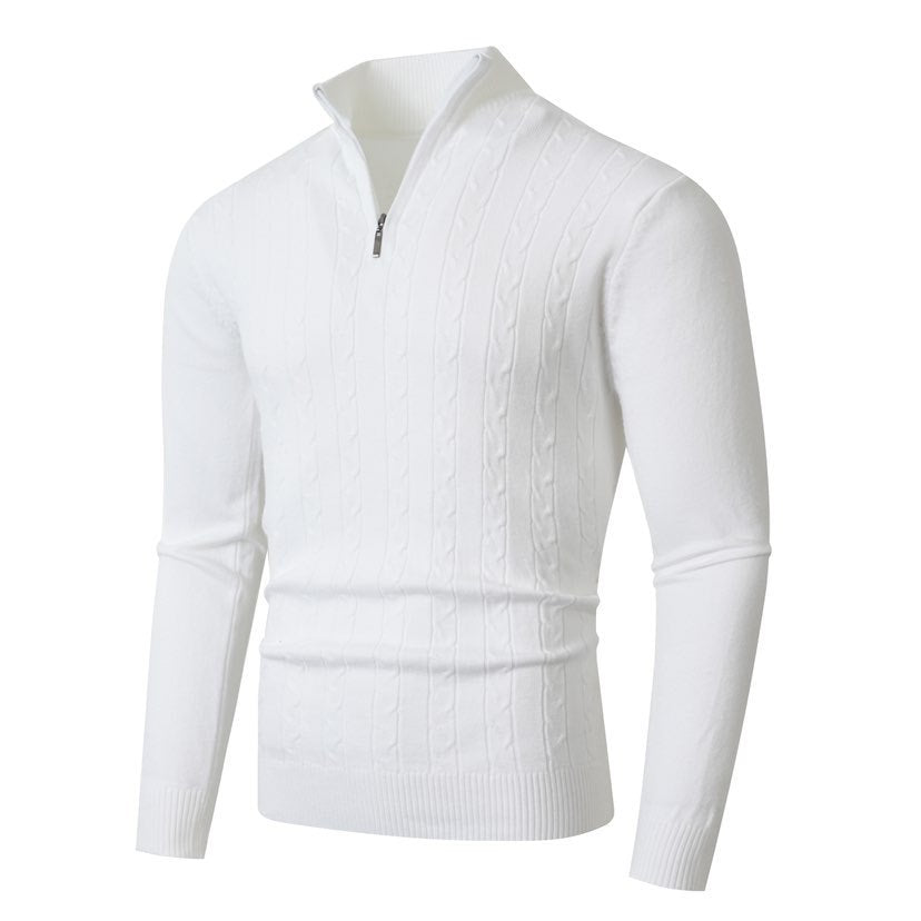 Detlef Men's Cable Knit Half-Zip with Stand Collar - White