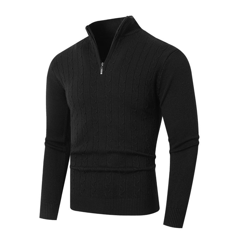 Detlef Men's Cable Knit Half-Zip with Stand Collar - Black