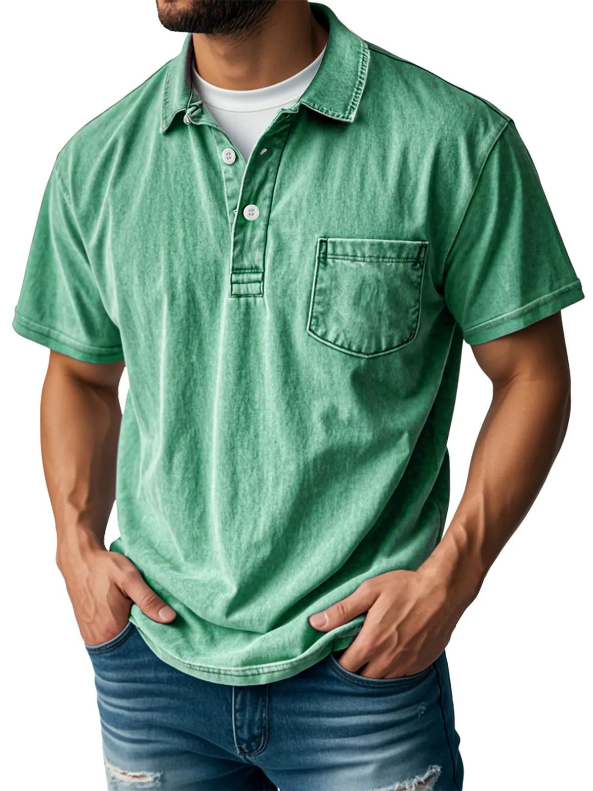 Donald Men's Short Sleeve Polo Shirt with Two-Button Placket - Green