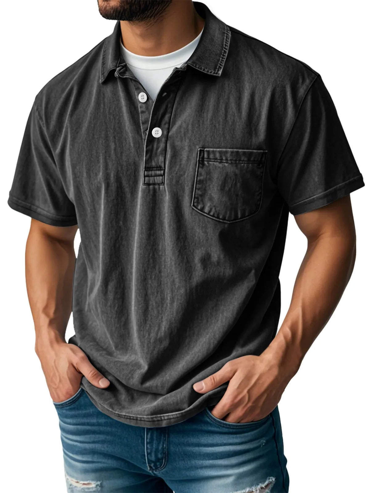 Donald Men's Short Sleeve Polo Shirt with Two-Button Placket - Black