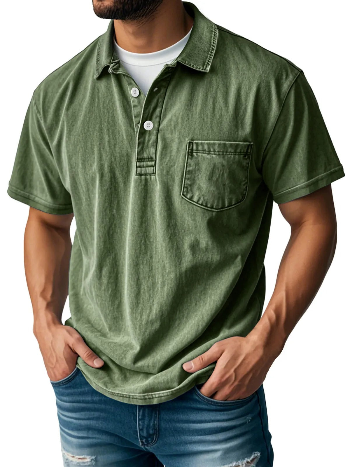 Donald Men's Short Sleeve Polo Shirt with Two-Button Placket - Army Green
