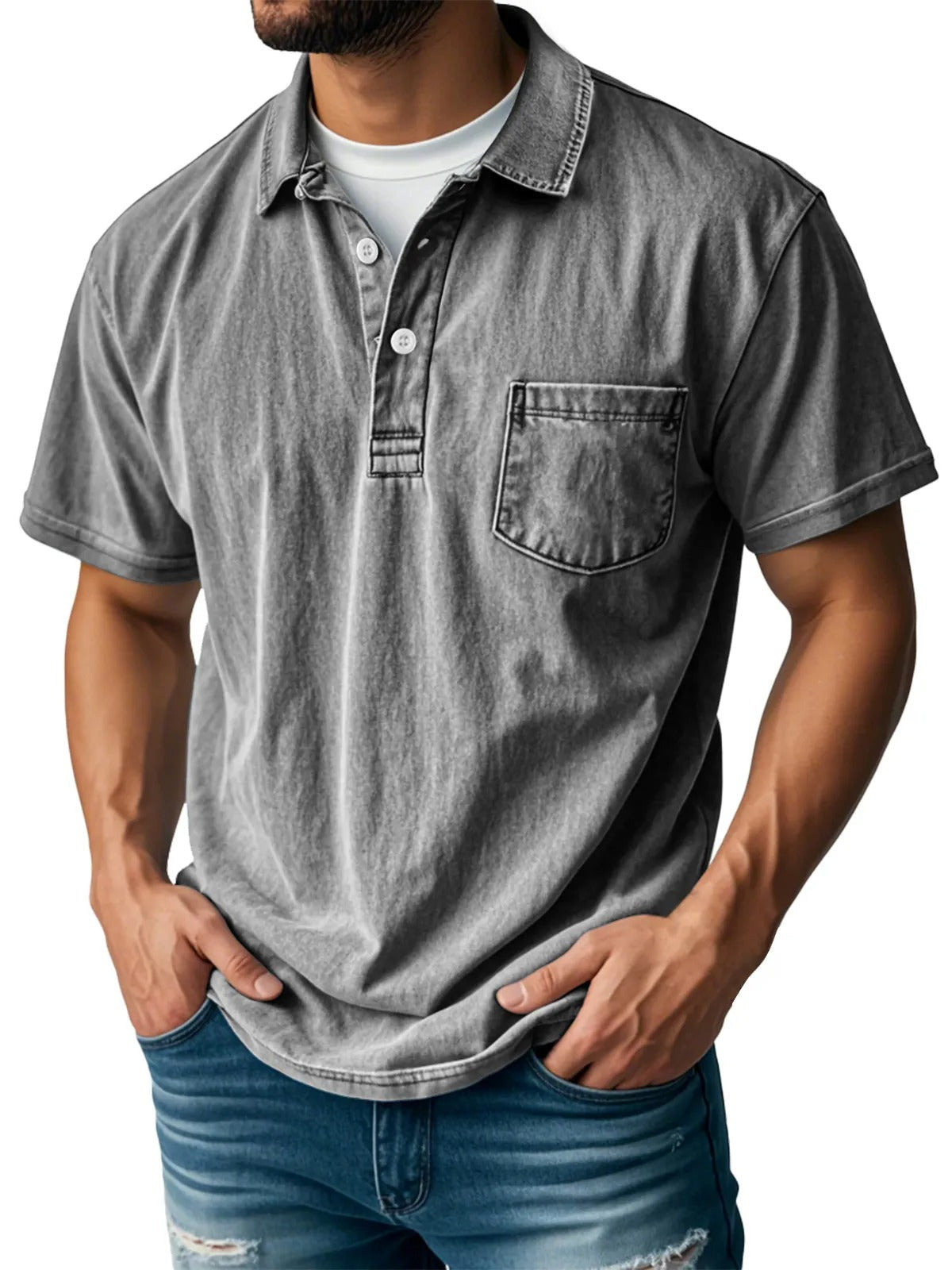 Donald Men's Short Sleeve Polo Shirt with Two-Button Placket - Gray