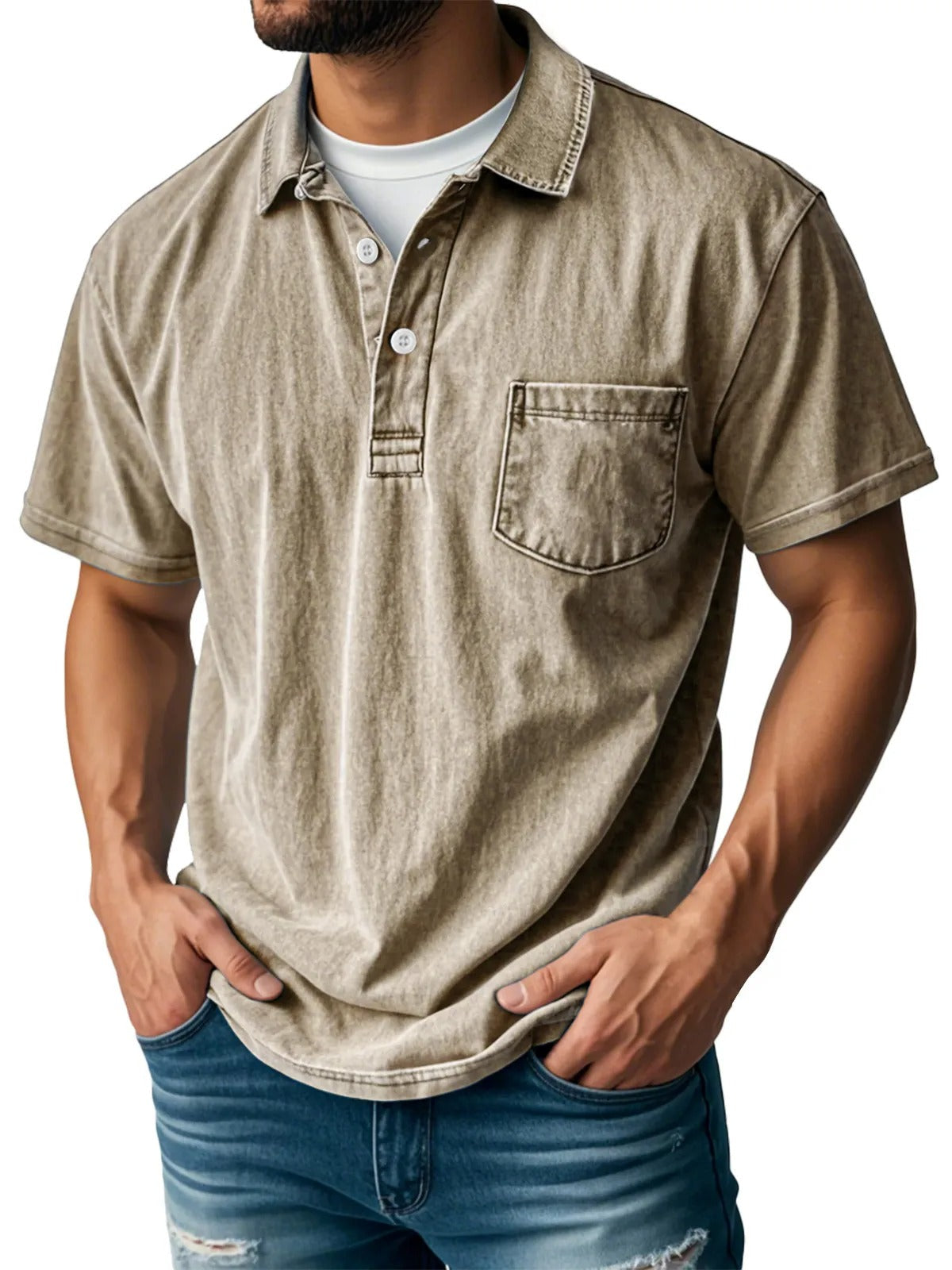Donald Men's Short Sleeve Polo Shirt with Two-Button Placket - Khaki