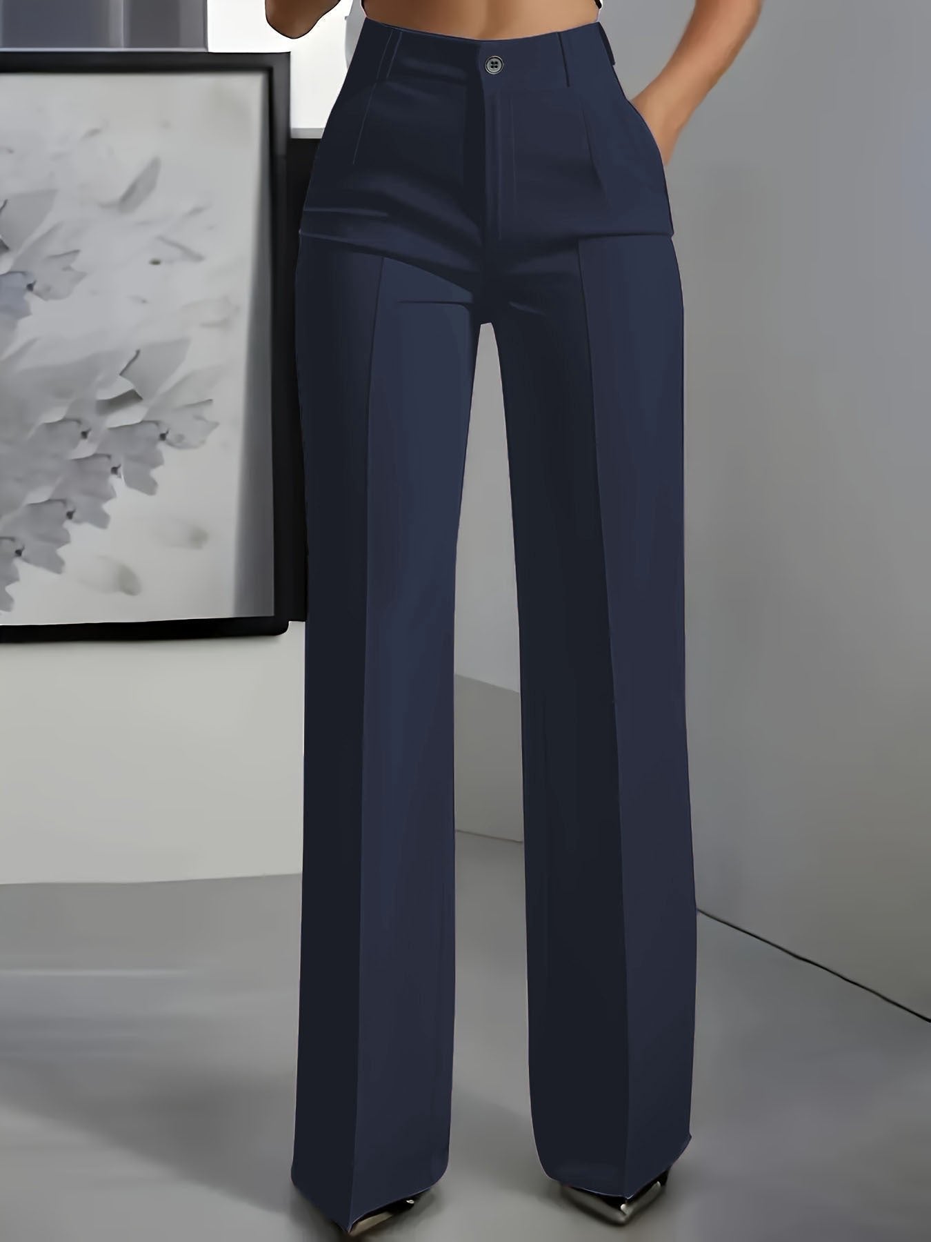 Donna High Waist Wide Leg Trousers with Pressed Crease - Dark Blue