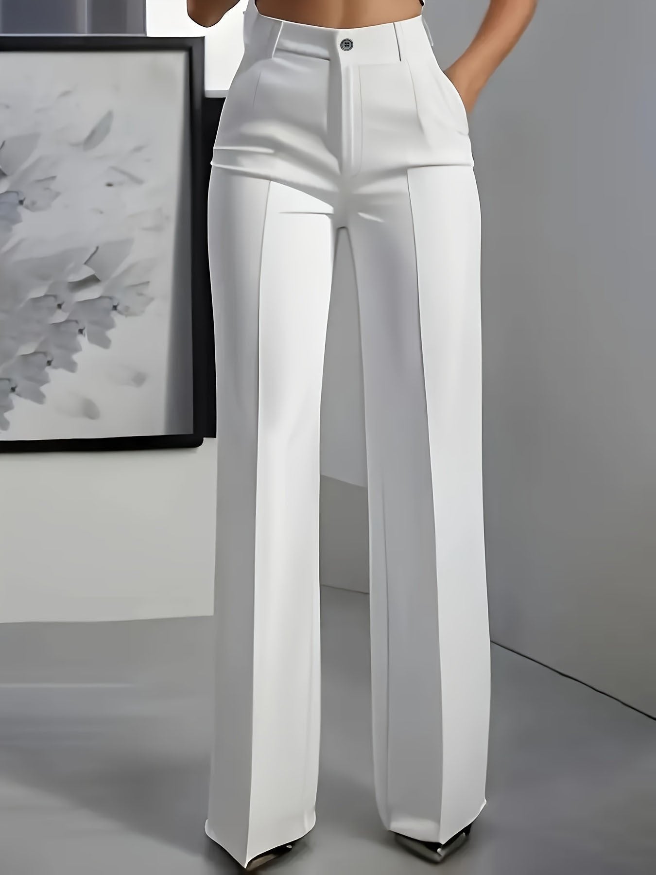 Donna High Waist Wide Leg Trousers with Pressed Crease - White