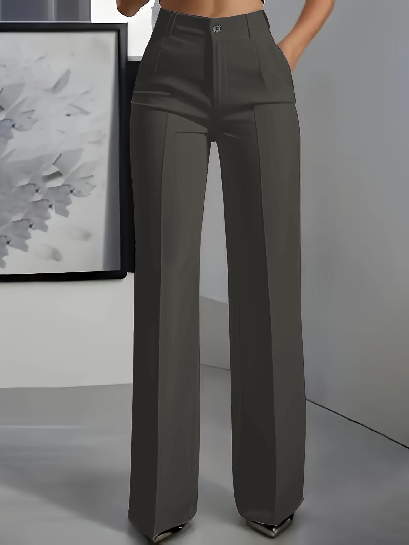 Donna High Waist Wide Leg Trousers with Pressed Crease - Dark Gray