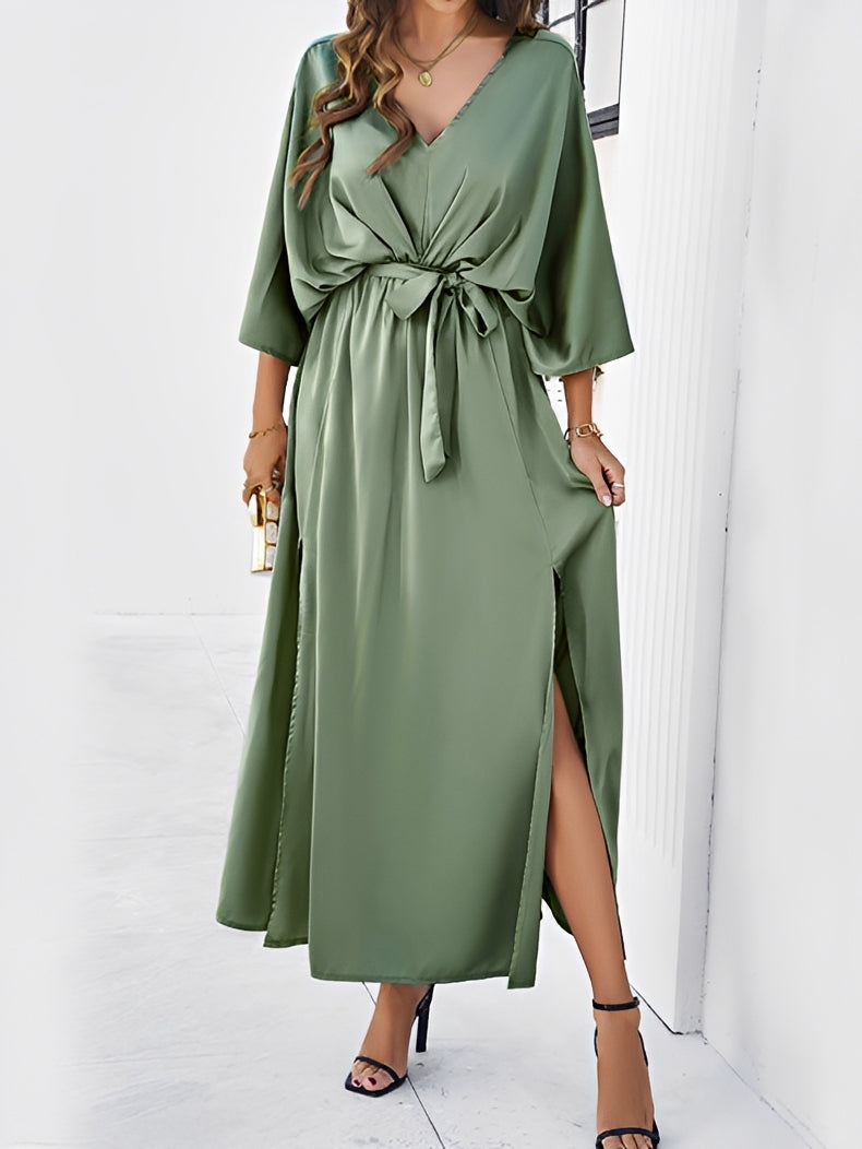 Elea Maxi Dress with Waist Tie and Short Sleeves - Green