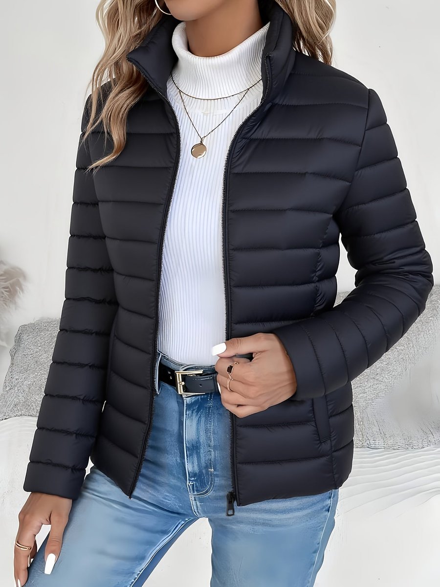 Eleana Quilted Puffer Jacket with Stand Collar and Hip Pockets - Black