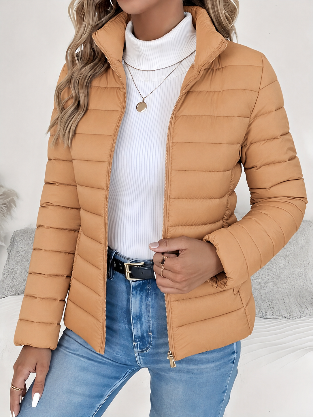 Eleana Quilted Puffer Jacket with Stand Collar and Hip Pockets - Khaki