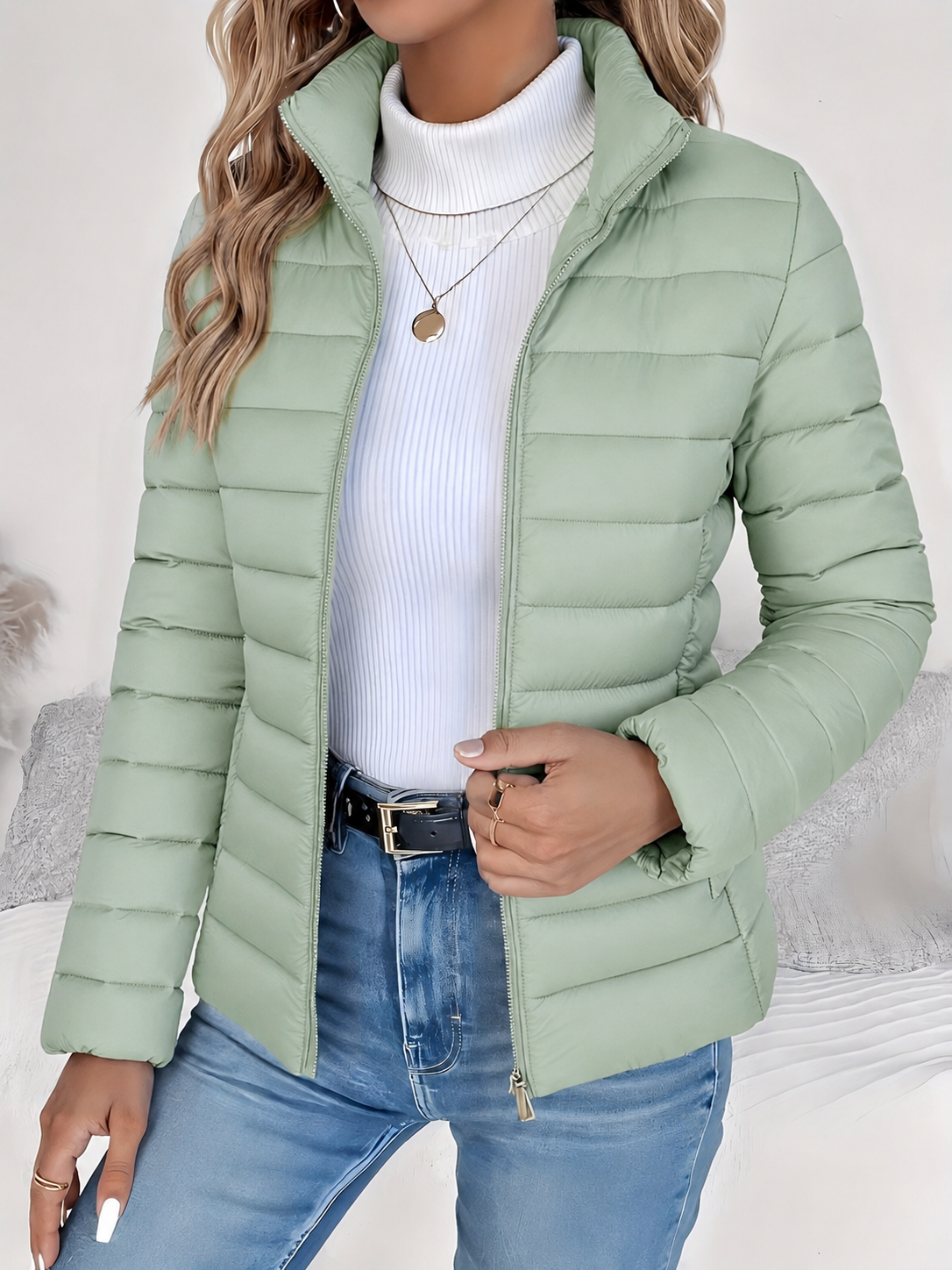 Eleana Quilted Puffer Jacket with Stand Collar and Hip Pockets - Sage Green