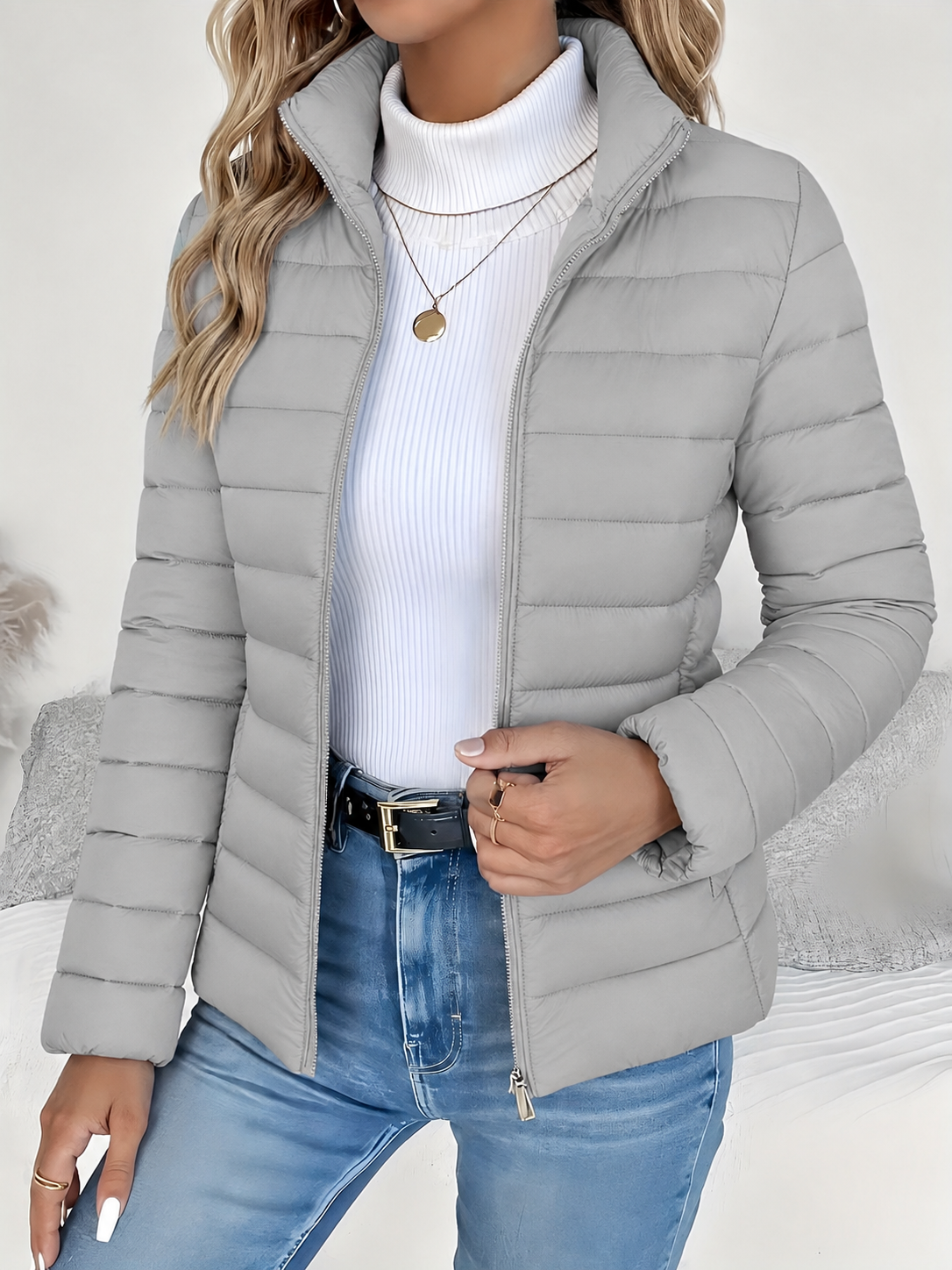 Eleana Quilted Puffer Jacket with Stand Collar and Hip Pockets - Gray