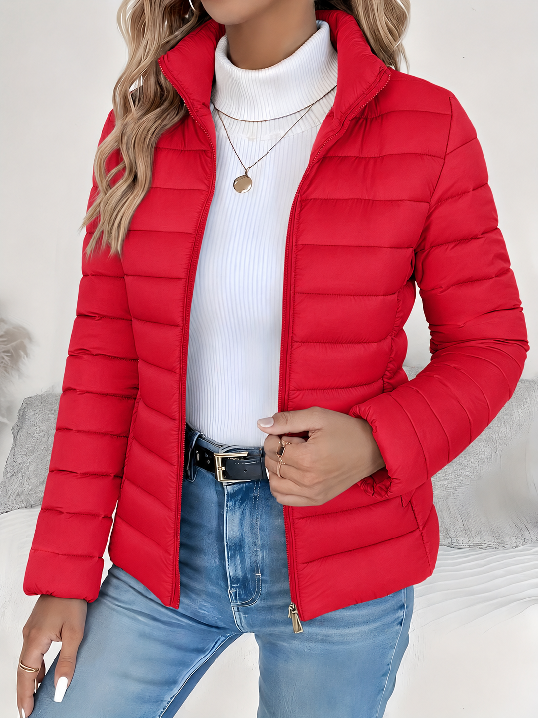Eleana Quilted Puffer Jacket with Stand Collar and Hip Pockets - Red