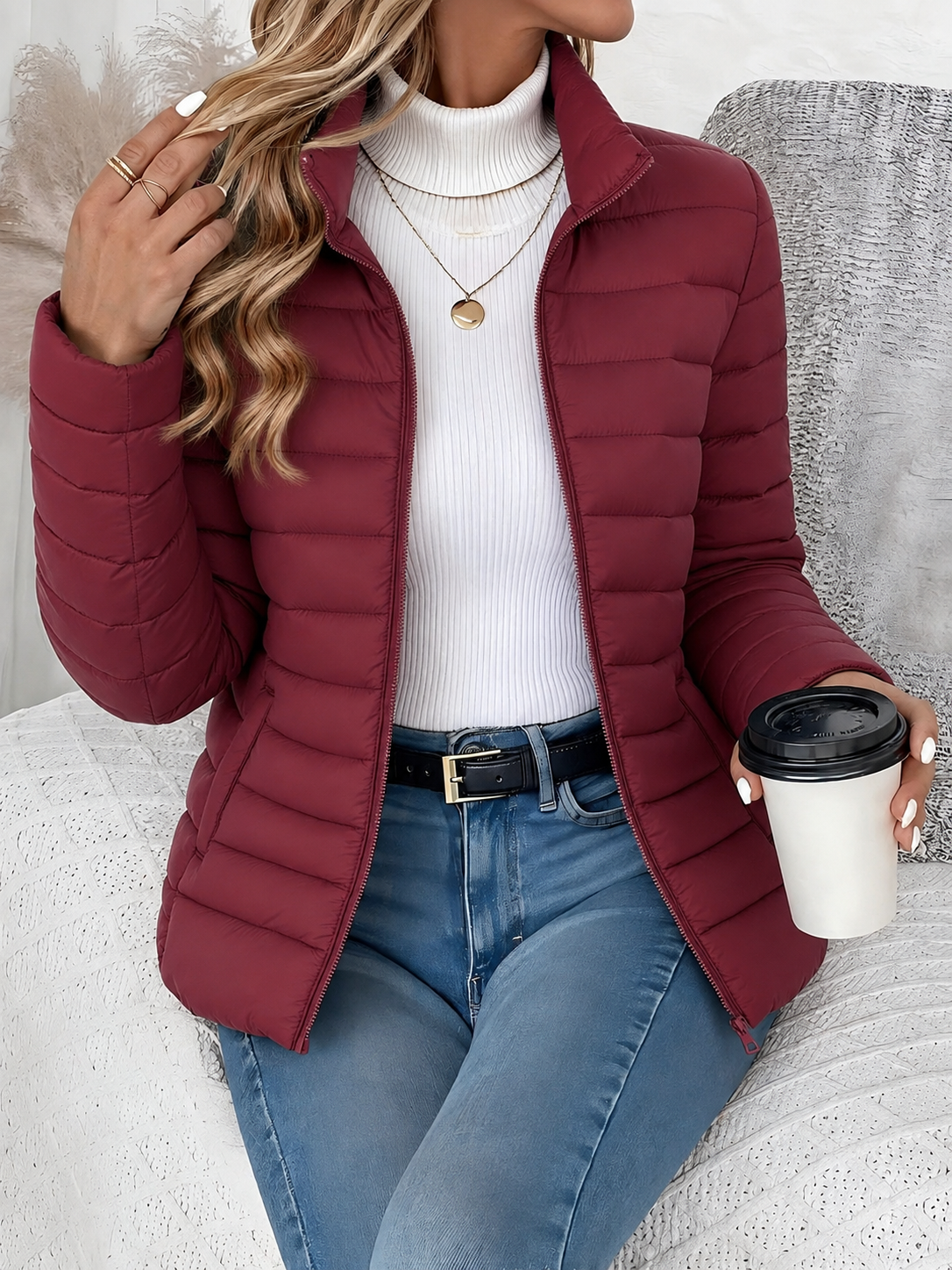 Eleana Quilted Puffer Jacket with Stand Collar and Hip Pockets - Wine Red