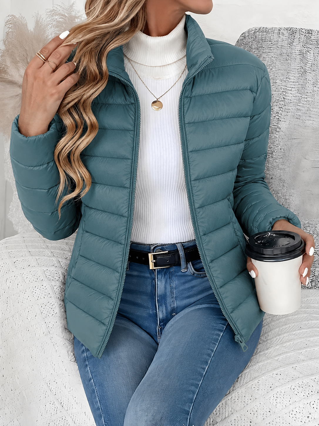Eleana Quilted Puffer Jacket with Stand Collar and Hip Pockets