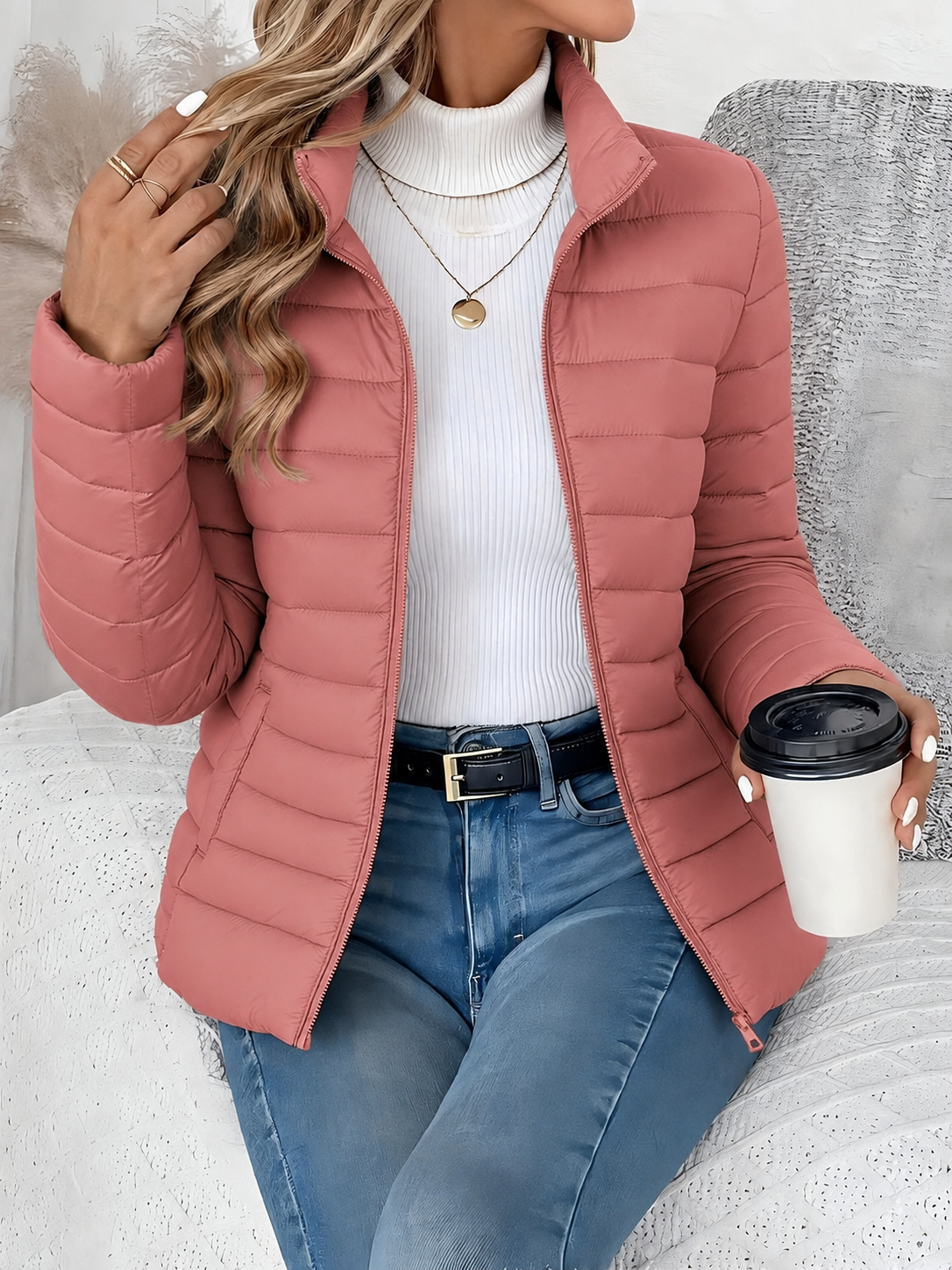 Eleana Quilted Puffer Jacket with Stand Collar and Hip Pockets - Pink
