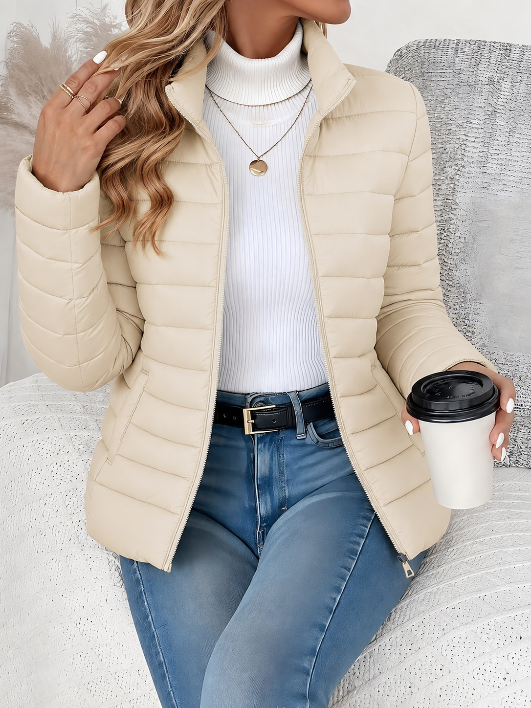 Eleana Quilted Puffer Jacket with Stand Collar and Hip Pockets