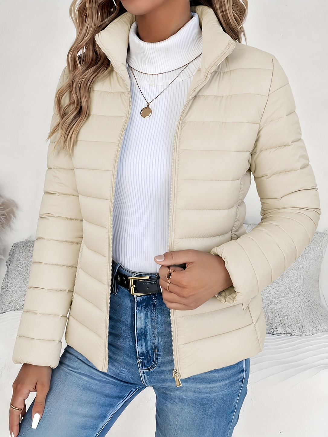 Eleana Quilted Puffer Jacket with Stand Collar and Hip Pockets
