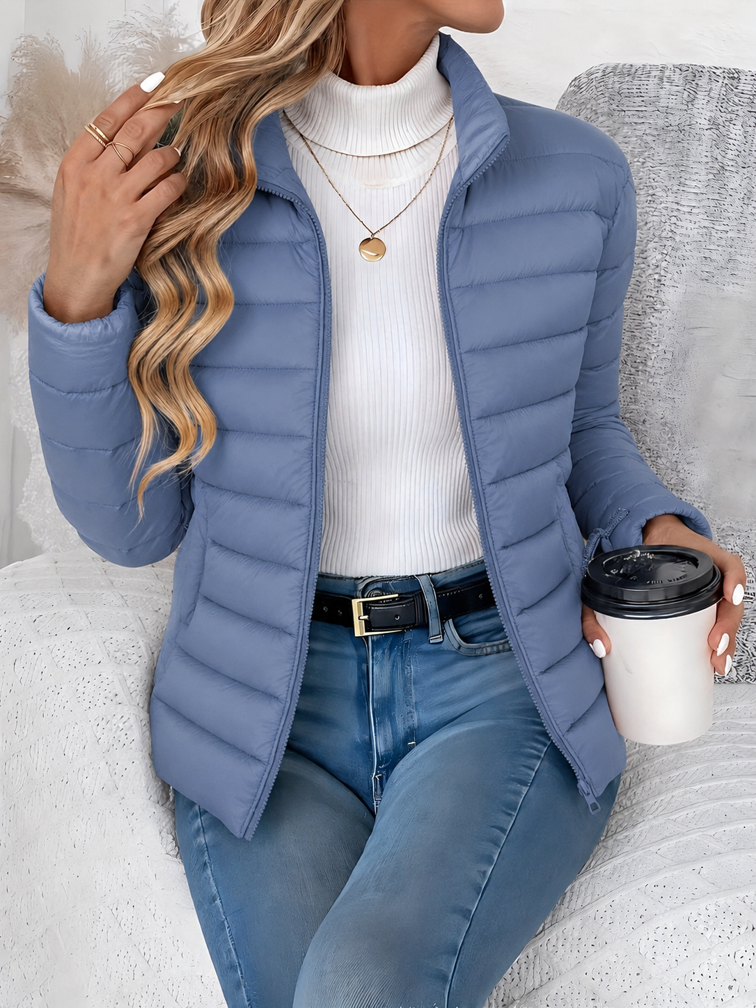 Eleana Quilted Puffer Jacket with Stand Collar and Hip Pockets