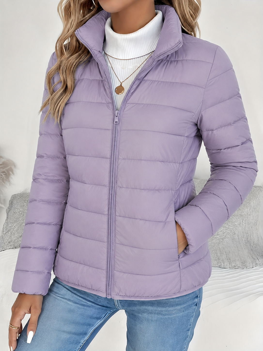 Eleana Quilted Puffer Jacket with Stand Collar and Hip Pockets - Purple