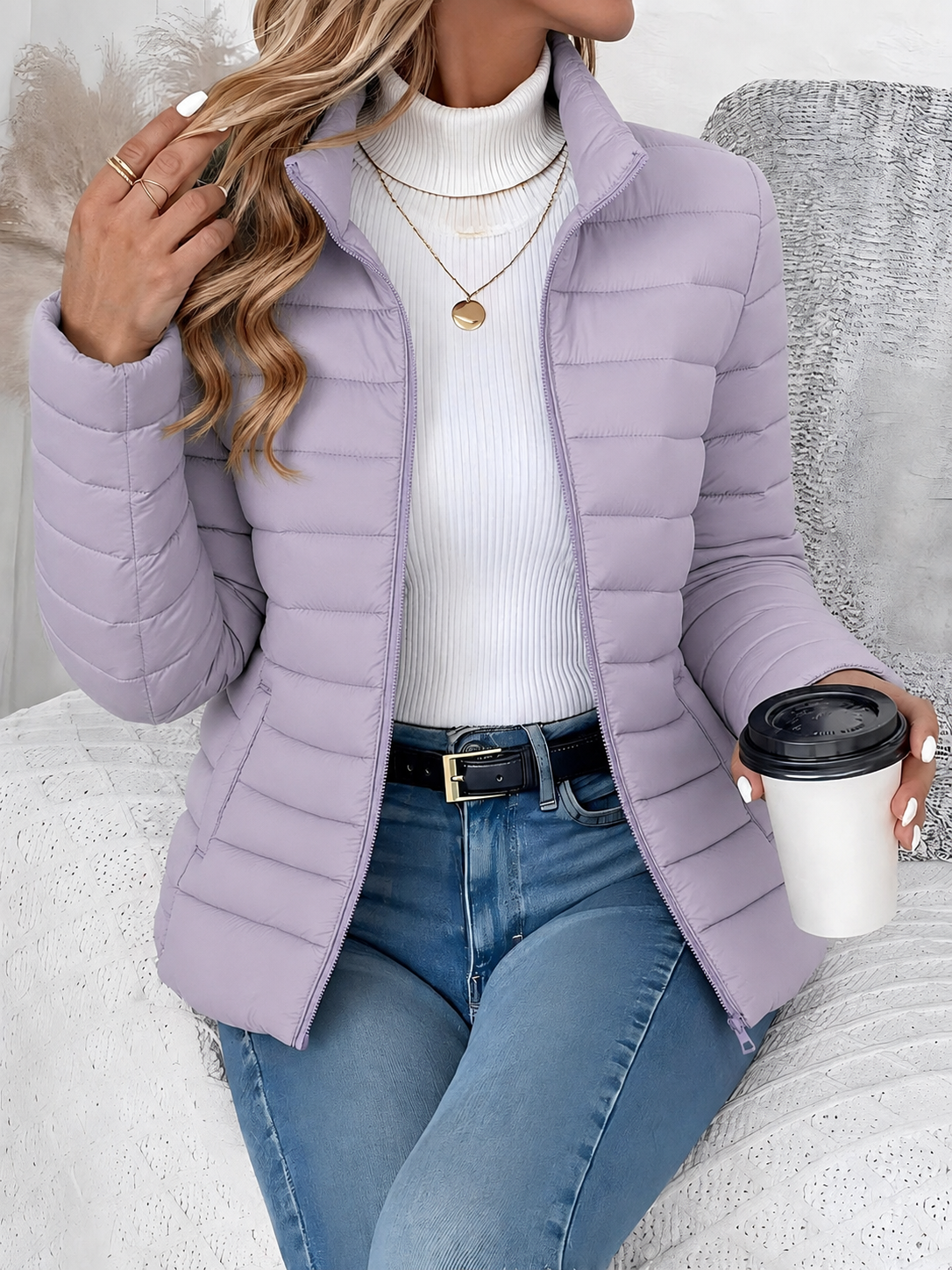 Eleana Quilted Puffer Jacket with Stand Collar and Hip Pockets - Purple
