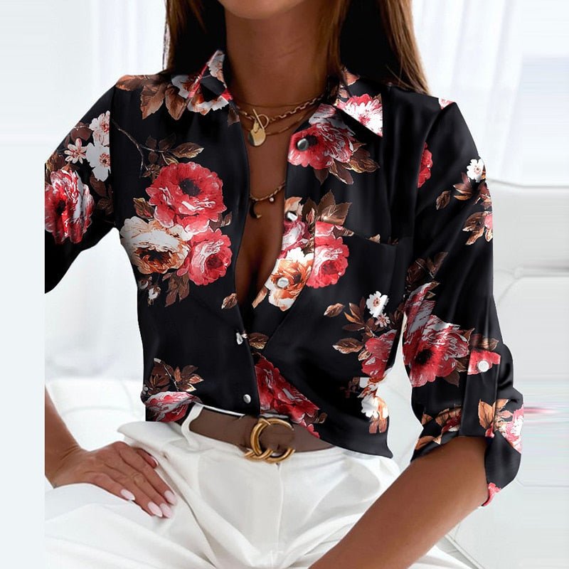 Eliselle Collared Blouse with Button Front and Print Range - Red Floral