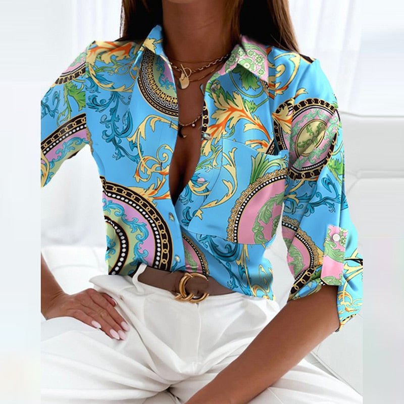 Eliselle Collared Blouse with Button Front and Print Range - Light Blue