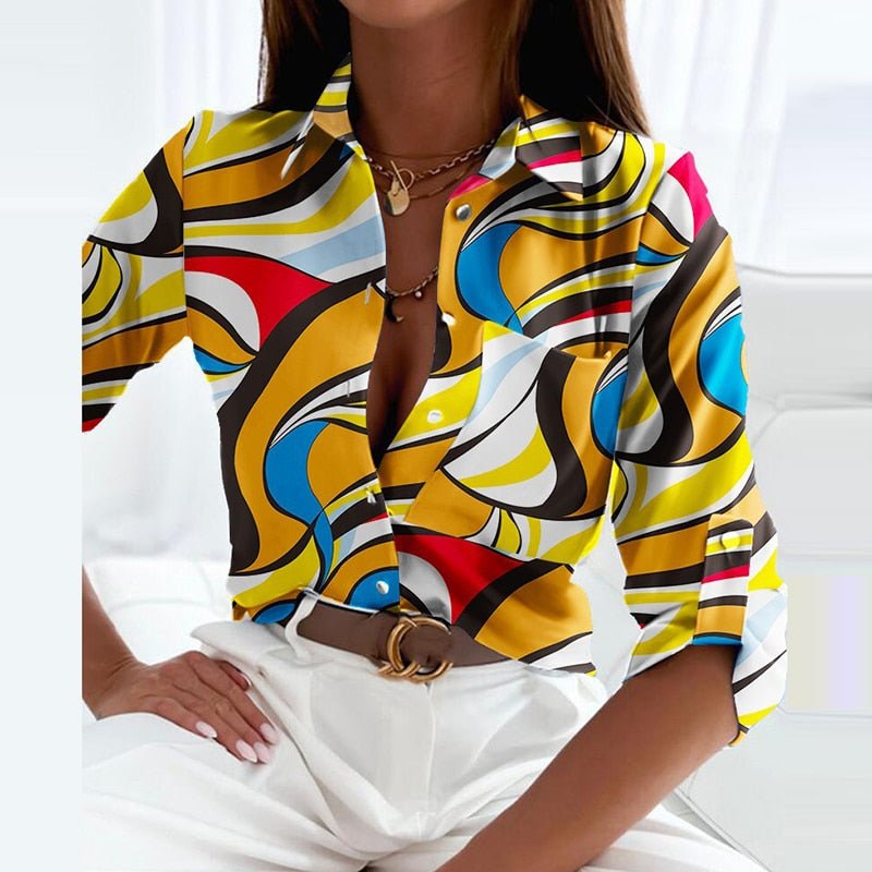 Eliselle Collared Blouse with Button Front and Print Range - Yellow Print