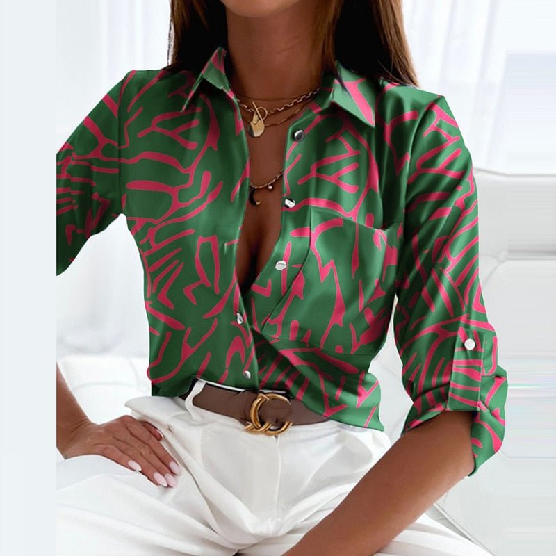 Eliselle Collared Blouse with Button Front and Print Range - Green