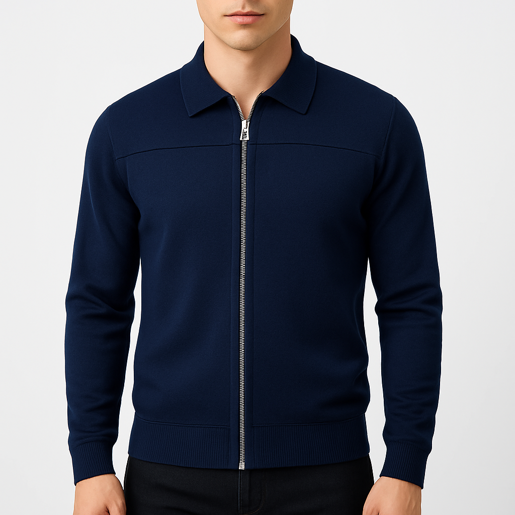 Elix Men's Full Zip Sweater with Polo Collar and Yoke Seam - Navy