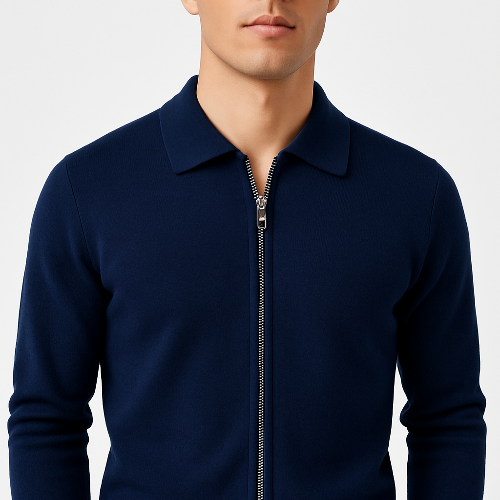 Elix Men's Full Zip Sweater with Polo Collar and Yoke Seam - Navy