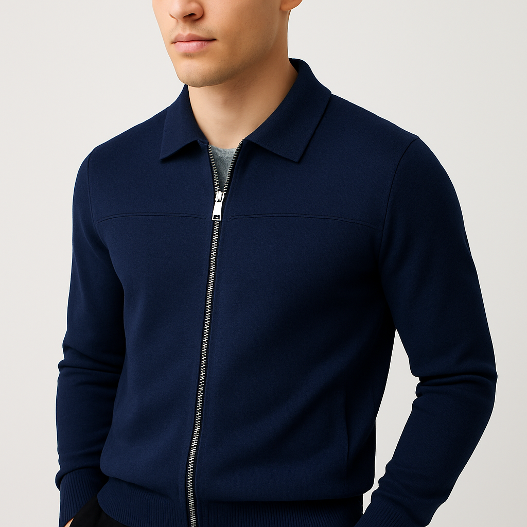 Elix Men's Full Zip Sweater with Polo Collar and Yoke Seam - Navy