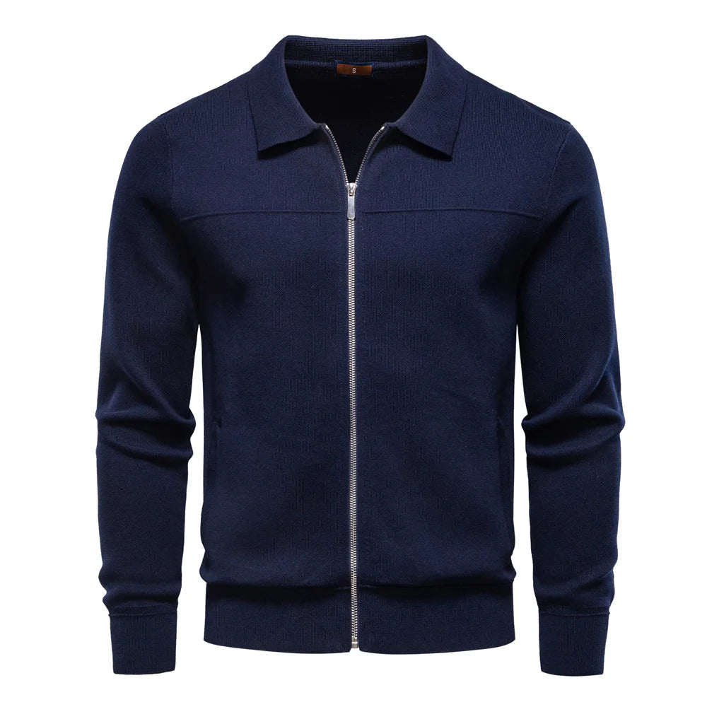 Elix Men's Full Zip Sweater with Polo Collar and Yoke Seam - Navy