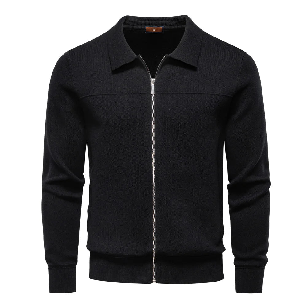 Elix Men's Full Zip Sweater with Polo Collar and Yoke Seam - Black