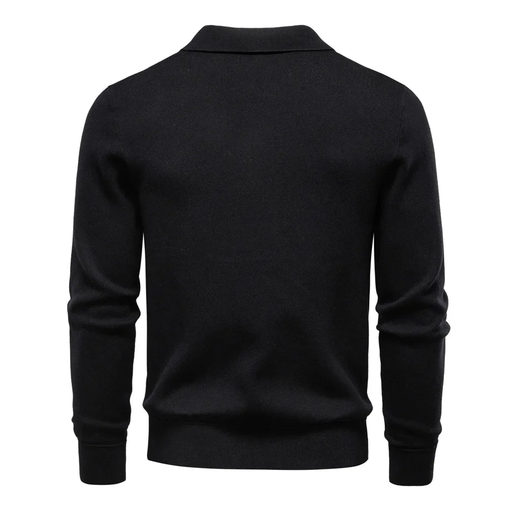 Elix Men's Full Zip Sweater with Polo Collar and Yoke Seam - Black