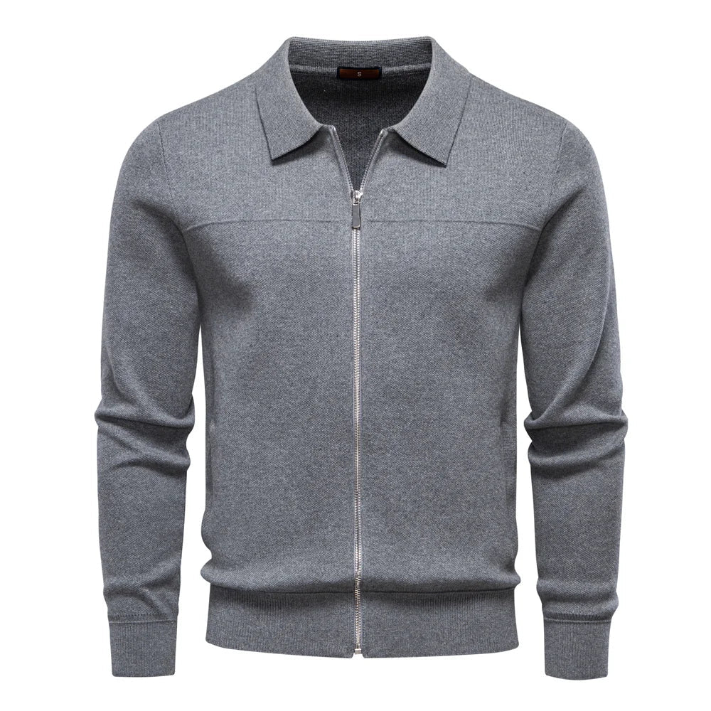 Elix Men's Full Zip Sweater with Polo Collar and Yoke Seam - Gray