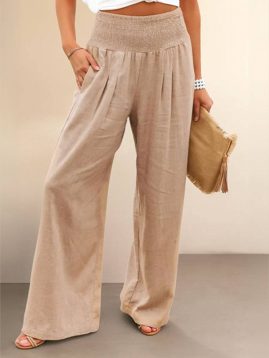 Eliza Wide Leg Trousers with High Waist and Hidden Pockets - Khaki