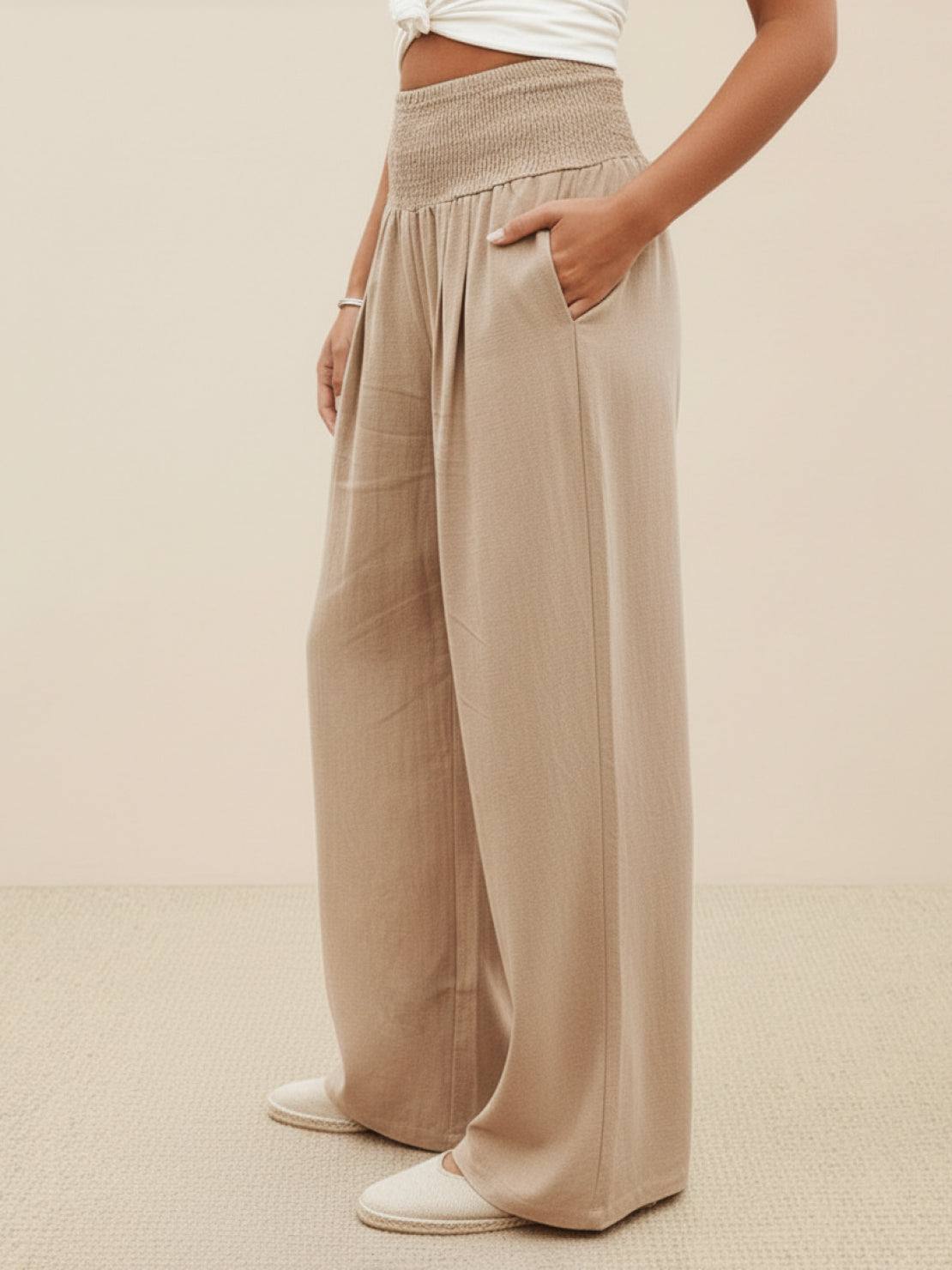Eliza Wide Leg Trousers with High Waist and Hidden Pockets - Khaki