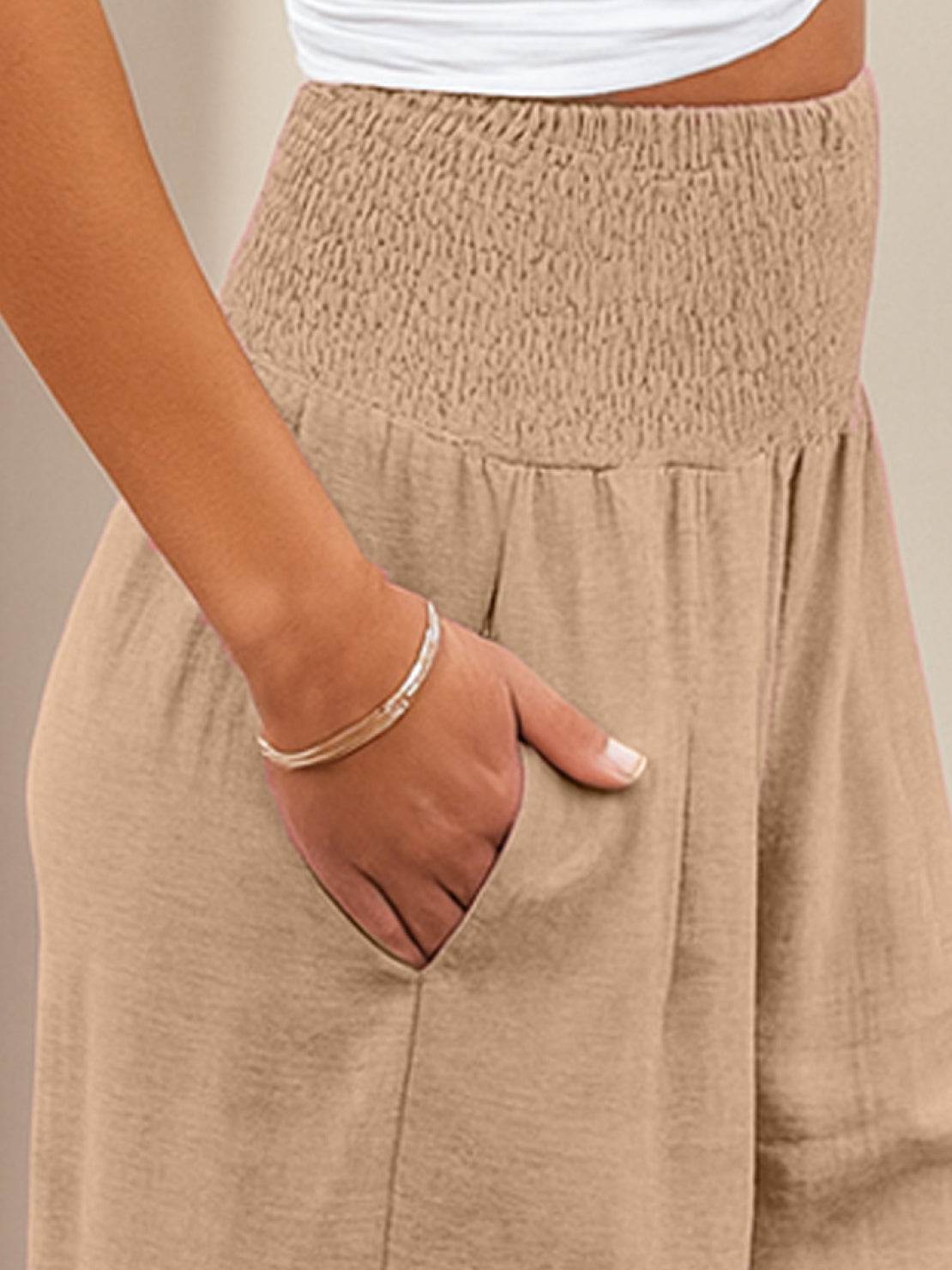 Eliza Wide Leg Trousers with High Waist and Hidden Pockets - Khaki