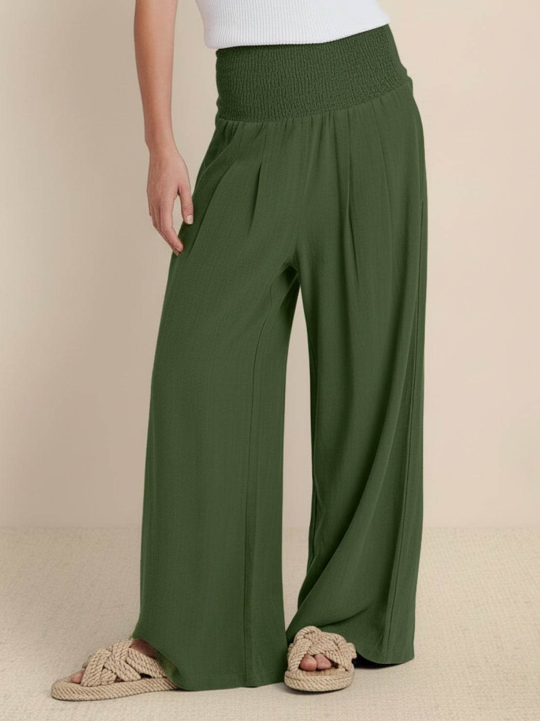 Eliza Wide Leg Trousers with High Waist and Hidden Pockets - Army Green