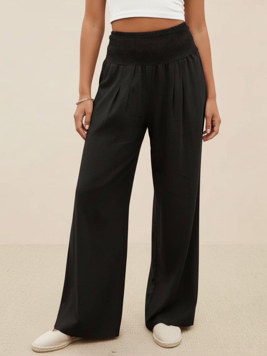 Eliza Wide Leg Trousers with High Waist and Hidden Pockets - Black