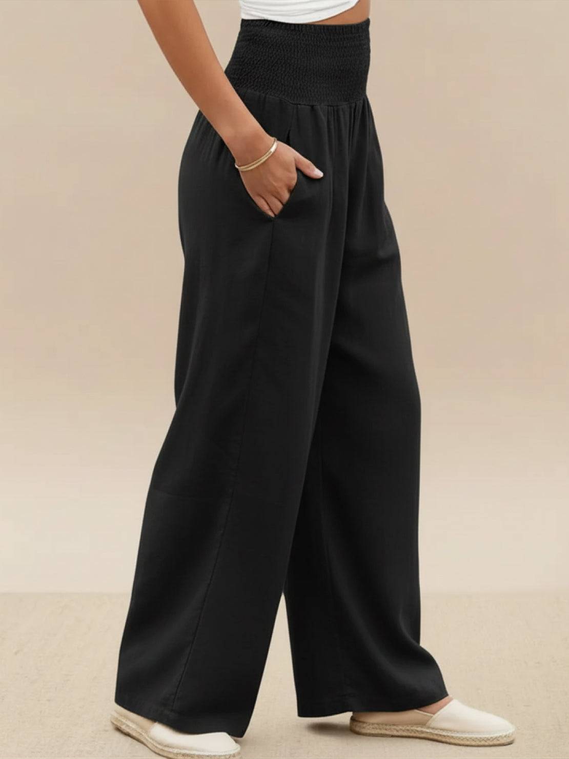 Eliza Wide Leg Trousers with High Waist and Hidden Pockets - Black