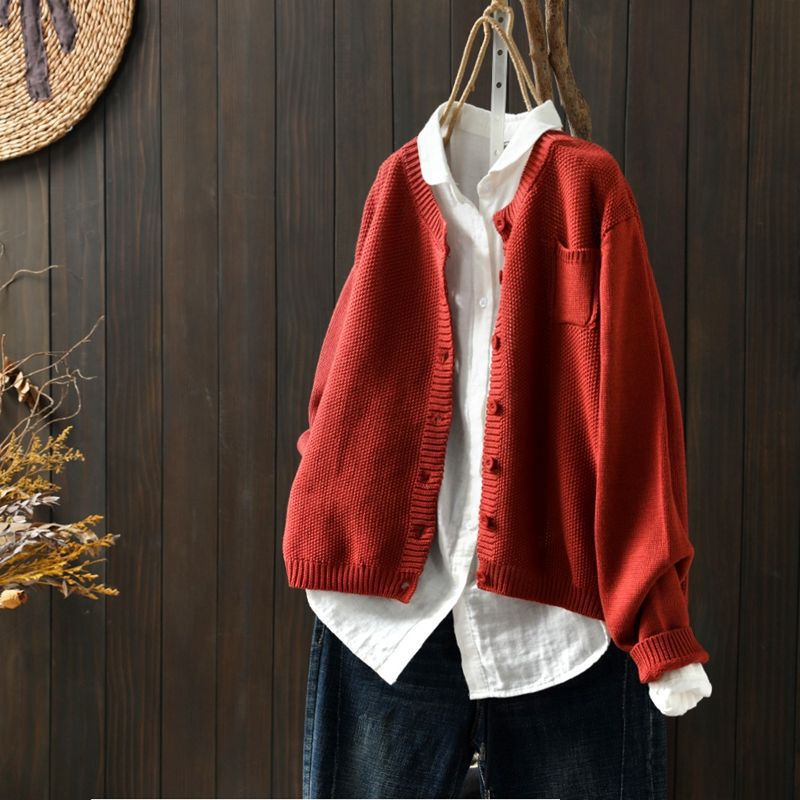 Elle Everyday Knit Cardigan with Button Front - Red