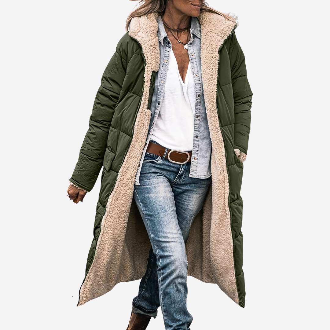 Ellena Long Puffer Coat with Deep Pockets and Channel Quilting - Green