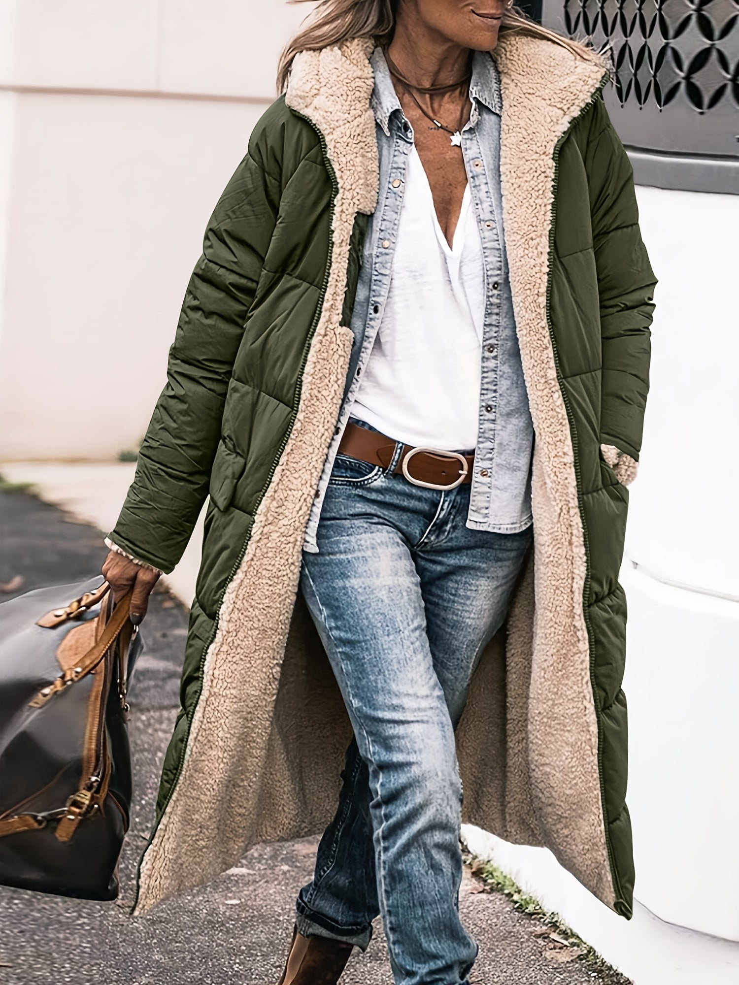 Ellena Long Puffer Coat with Deep Pockets and Channel Quilting - Green