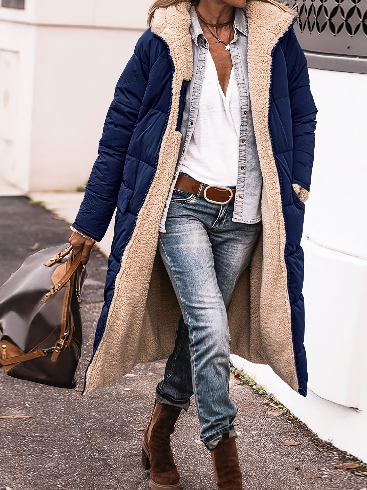 Ellena Long Puffer Coat with Deep Pockets and Channel Quilting - Navy