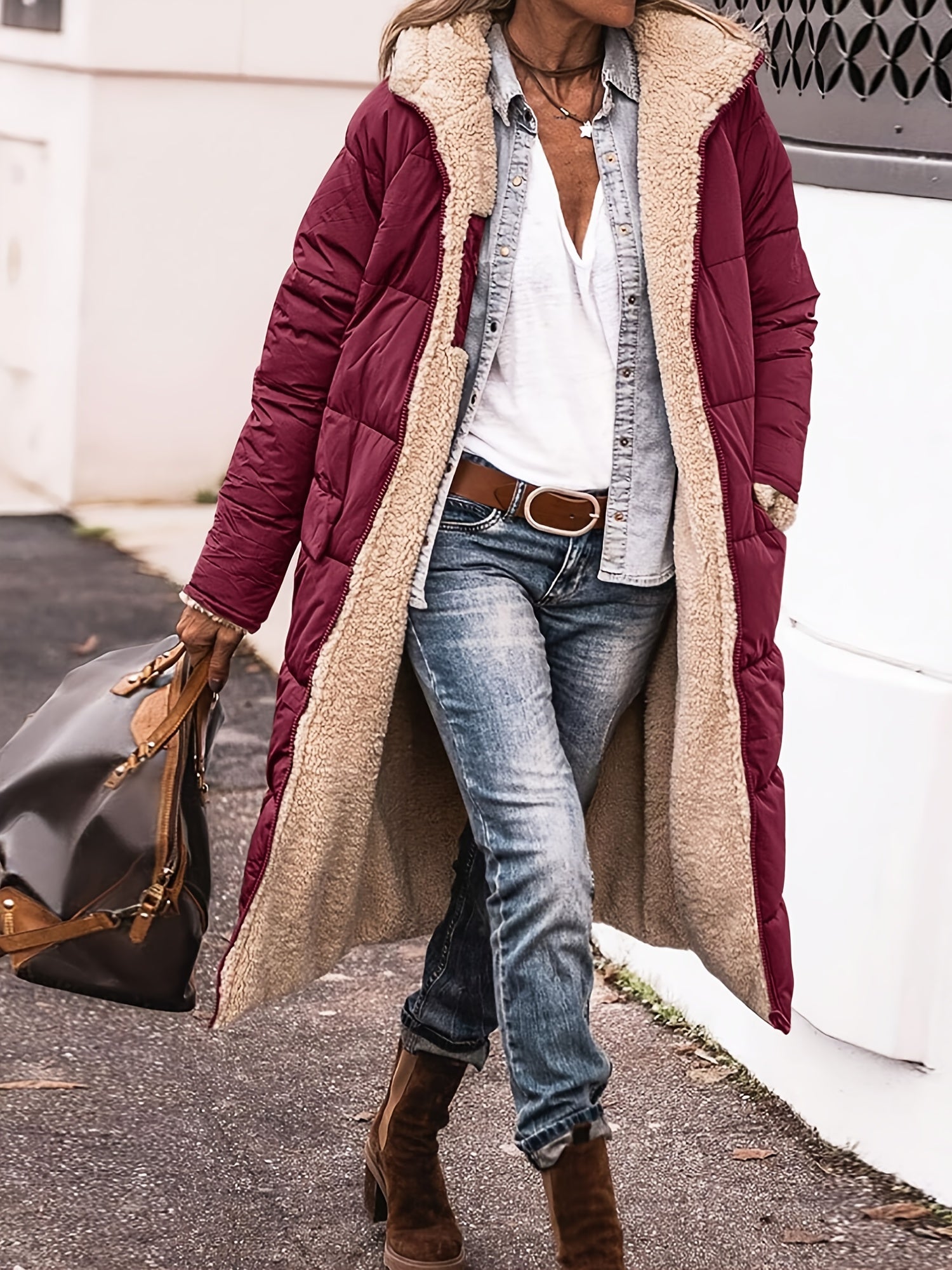 Ellena Long Puffer Coat with Deep Pockets and Channel Quilting - Red