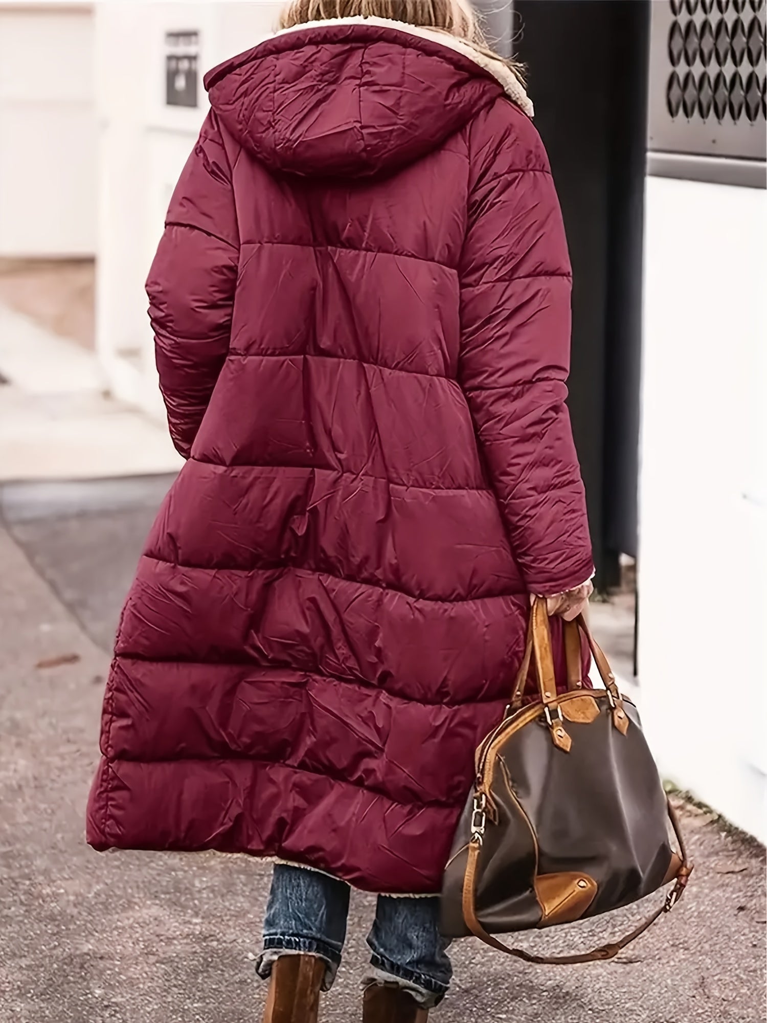 Ellena Long Puffer Coat with Deep Pockets and Channel Quilting - Red