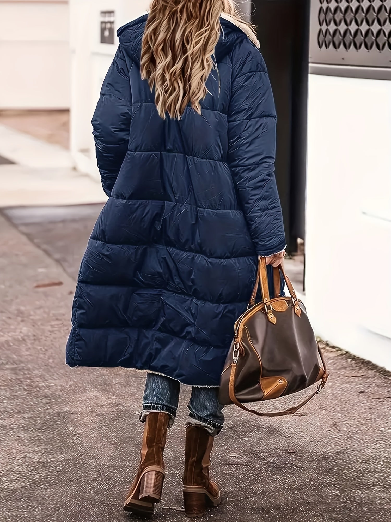 Ellena Long Puffer Coat with Deep Pockets and Channel Quilting - Navy